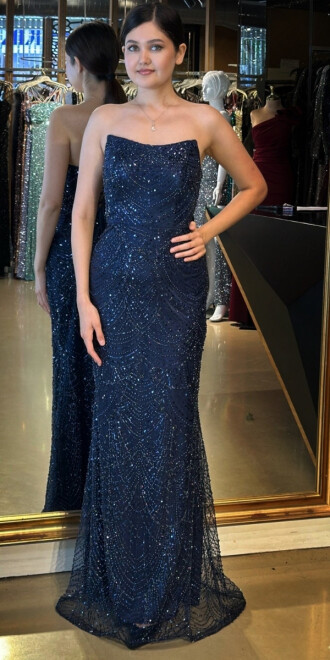 Lacivert Straplez Yaka Sırt Dekolteli Düz Kesim Pullu Boncuklu Uzun Abiye Elbise 11051 - abiyeniall