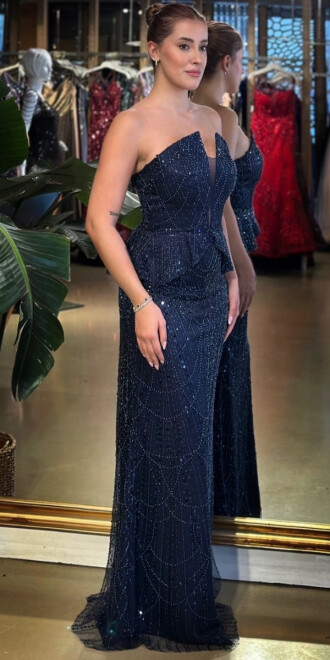 Lacivert Straplez Yaka Sırt Dekolteli Düz Kesim Pullu Boncuklu Uzun Abiye Elbise 11116-03 - 2