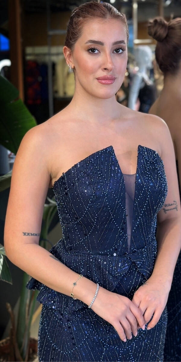 Lacivert Straplez Yaka Sırt Dekolteli Düz Kesim Pullu Boncuklu Uzun Abiye Elbise 11116-03 - 3