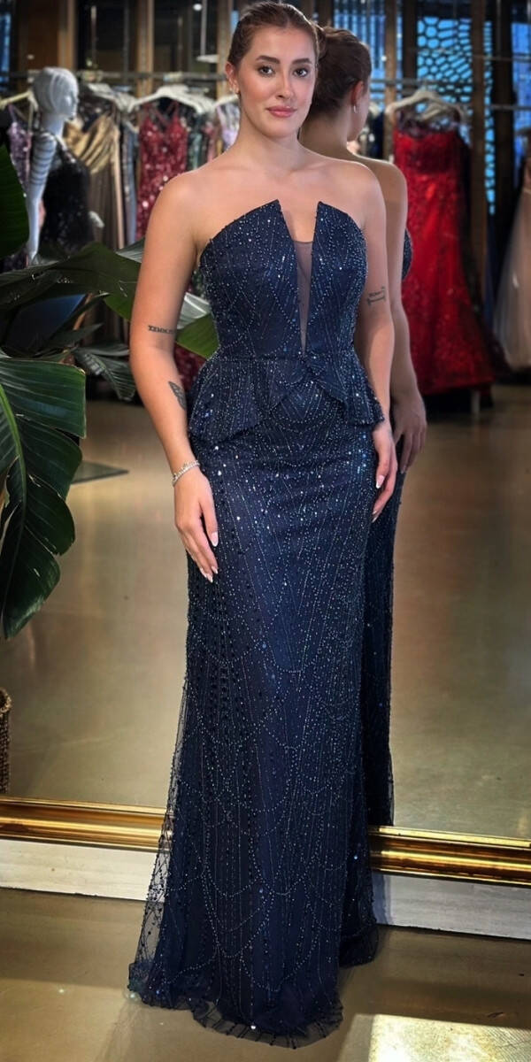 Lacivert Straplez Yaka Sırt Dekolteli Düz Kesim Pullu Boncuklu Uzun Abiye Elbise 11116-03 - 1