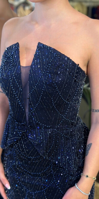 Lacivert Straplez Yaka Sırt Dekolteli Düz Kesim Pullu Boncuklu Uzun Abiye Elbise 11116-03 - 4