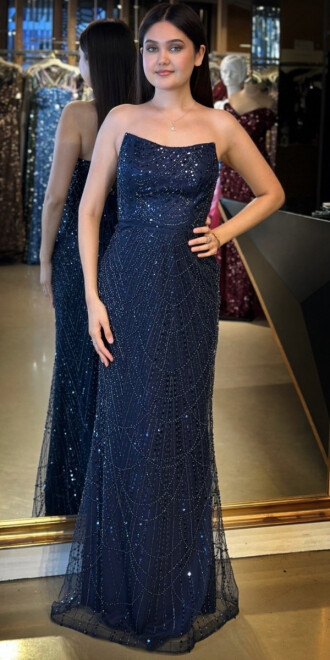 Lacivert Straplez Yaka Sırt Dekolteli Düz Kesim Pullu Boncuklu Uzun Abiye Elbise 7778 - abiyeniall