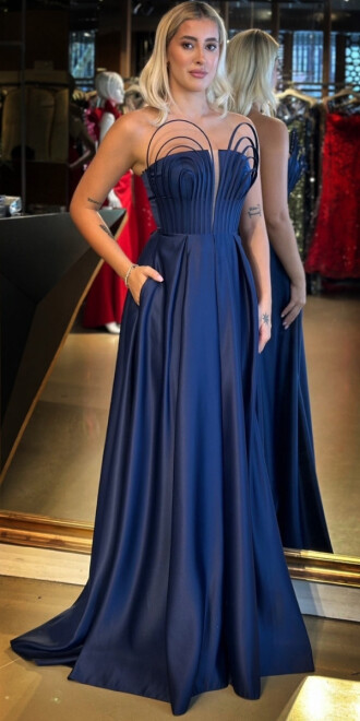 Lacivert Straplez Yaka Sırt Dekolteli Kloş Etekli Saten Uzun Abiye Elbise 11088 - abiyeniall