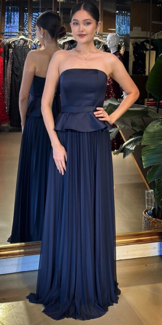 Lacivert Straplez Yaka Sırt Dekolteli Kloş Etekli Şifon Uzun Abiye Elbise 11140-01 - abiyeniall