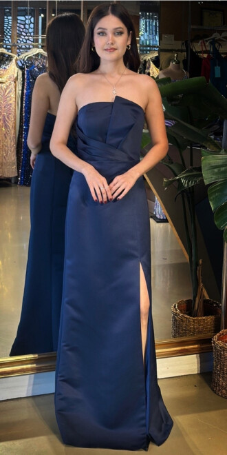 Lacivert Straplez Yaka Sırt Dekolteli Yırtmaçlı Düz Kesim Saten Uzun Abiye Elbise 11102-04 - abiyeniall