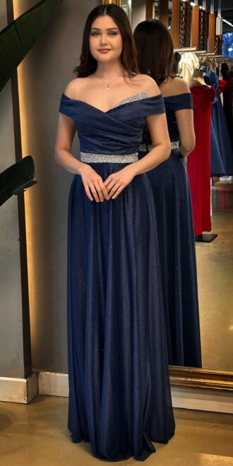 Lacivert Taş Detaylı Kloş Etekli Simli Uzun Abiye Elbise 7661 - abiyeniall