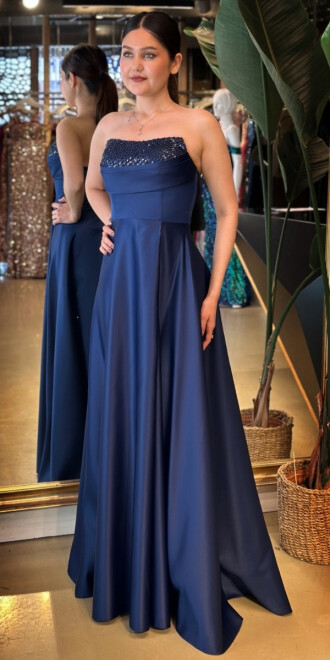  Lacivert Taş Detaylı Sırt Dekolteli Yırtmaçlı Kloş Etekli Saten Uzun Abiye Elbise 7733 - abiyeniall