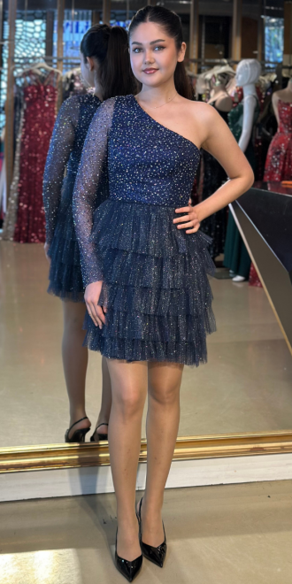 Lacivert Tek Kollu Taş Detaylı Kısa Abiye Elbise 3581 - abiyeniall