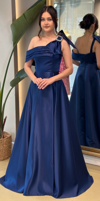 Lacivert Tek Kollu Uzun Abiye Elbise 10044 - abiyeniall