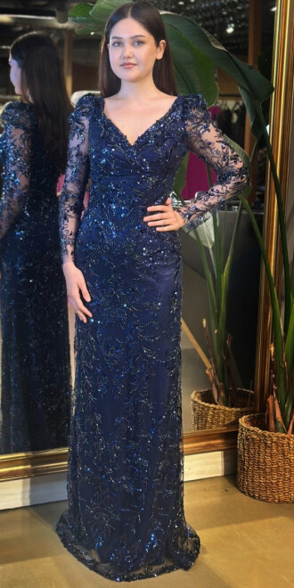 Lacivert Uzun Kollu Düz Kesim Pullu Boncuklu Uzun Abiye Elbise 11001 - abiyeniall