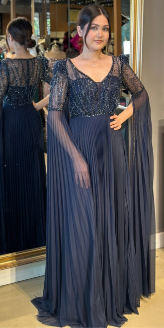 Lacivert Uzun Kollu Uzun Abiye Elbise 3786 - abiyeniall