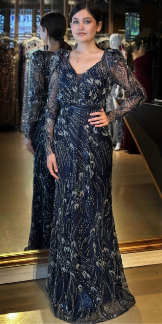 Lacivert Uzun Kollu V Yaka Düz Kesim Pullu Boncuklu Uzun Abiye Elbise 11038 - abiyeniall