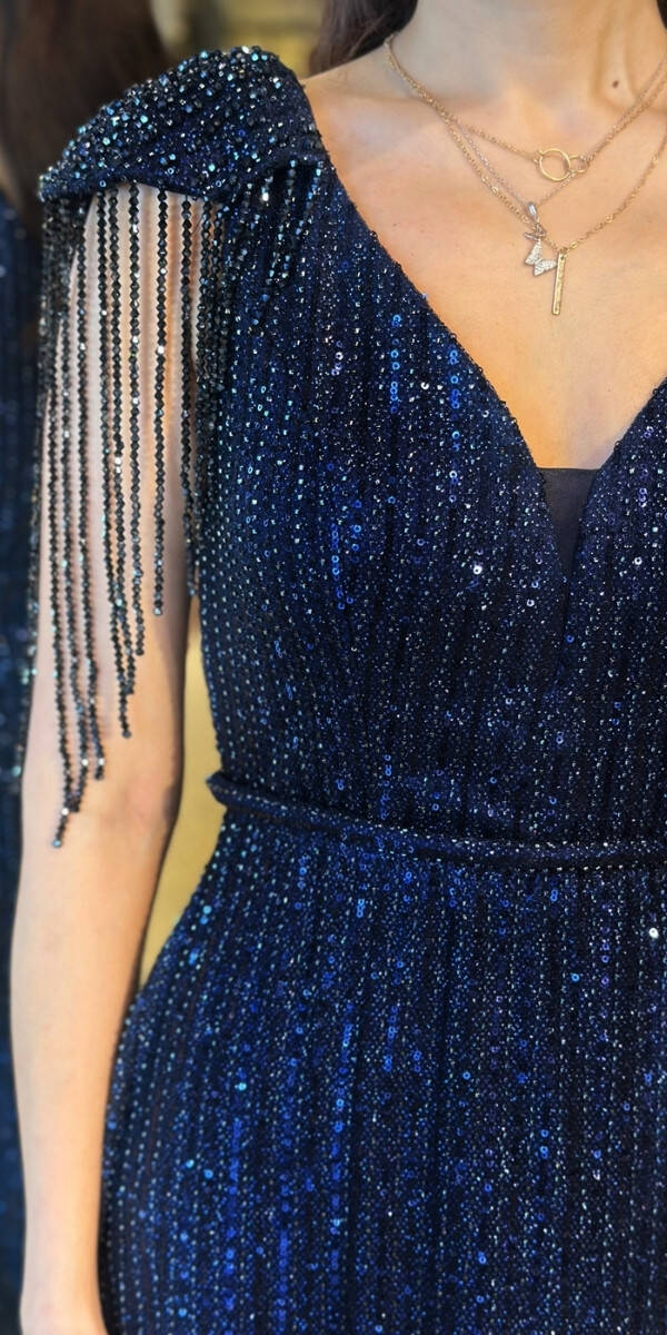 Lacivert V Yaka Boncuk İşlemeli Yırtmaçlı Düz Kesim Likralı Payet Uzun Abiye Elbise 11107-02 - 4