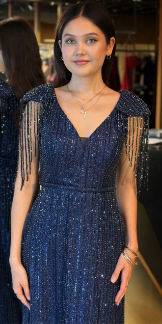 Lacivert V Yaka Boncuk İşlemeli Yırtmaçlı Düz Kesim Likralı Payet Uzun Abiye Elbise 11107-02 - 3