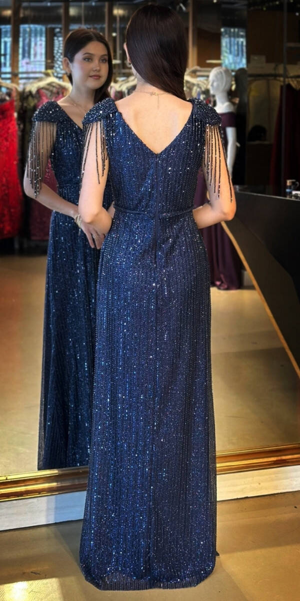 Lacivert V Yaka Boncuk İşlemeli Yırtmaçlı Düz Kesim Likralı Payet Uzun Abiye Elbise 11107-02 - 5