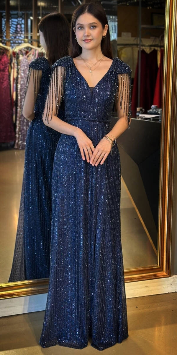 Lacivert V Yaka Boncuk İşlemeli Yırtmaçlı Düz Kesim Likralı Payet Uzun Abiye Elbise 11107-02 - 1