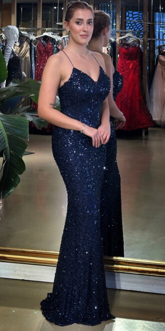 Lacivert V Yaka İp Askılı Sırt Dekolteli Balık Etekli Likralı Payet Uzun Abiye Elbise 7714 - 2