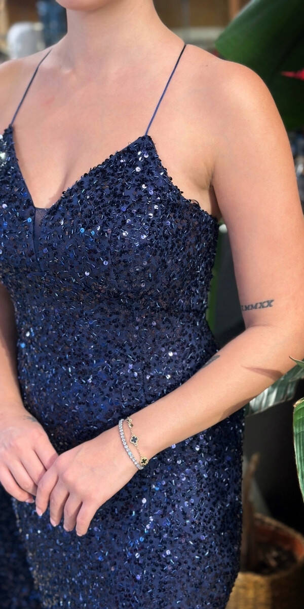 Lacivert V Yaka İp Askılı Sırt Dekolteli Balık Etekli Likralı Payet Uzun Abiye Elbise 7714 - 3