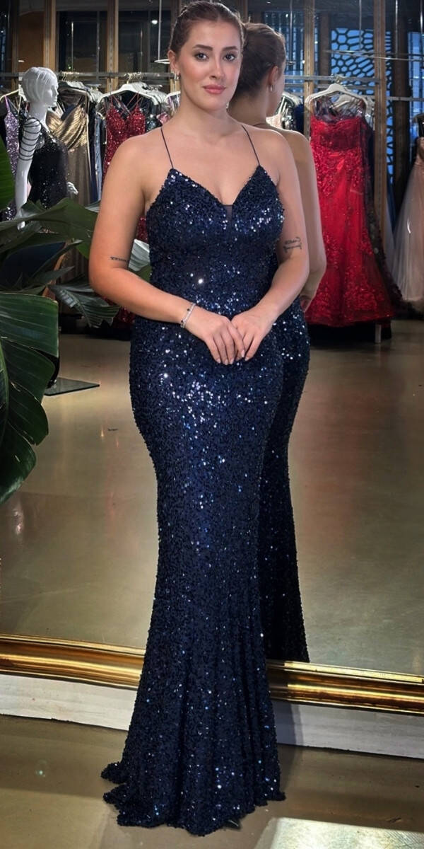 Lacivert V Yaka İp Askılı Sırt Dekolteli Balık Etekli Likralı Payet Uzun Abiye Elbise 7714 - 1