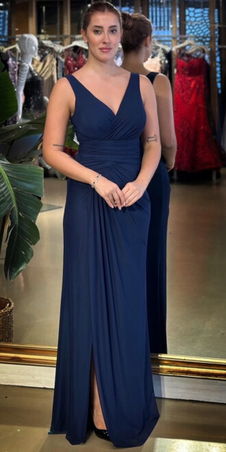 Lacivert V Yaka Kalın Askı Anvelop Yırtmaçlı Düz Kesim Likralı Tül Uzun Abiye Elbise 11123-04 - abiyeniall