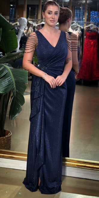 Lacivert V Yaka Kalın Askı Boncuk İşlemeli Anvelop Yırtmaçlı Düz Kesim Simli Uzun Abiye Elbise 7599 - abiyeniall