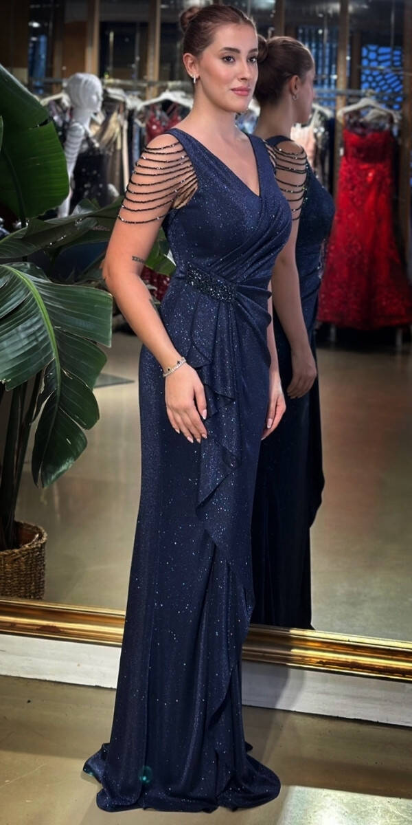 Lacivert V Yaka Kalın Askı Boncuk İşlemeli Anvelop Yırtmaçlı Düz Kesim Simli Uzun Abiye Elbise 7599 - 2