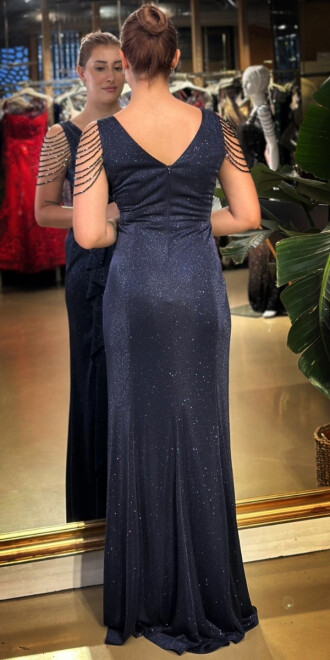 Lacivert V Yaka Kalın Askı Boncuk İşlemeli Anvelop Yırtmaçlı Düz Kesim Simli Uzun Abiye Elbise 7599 - 4