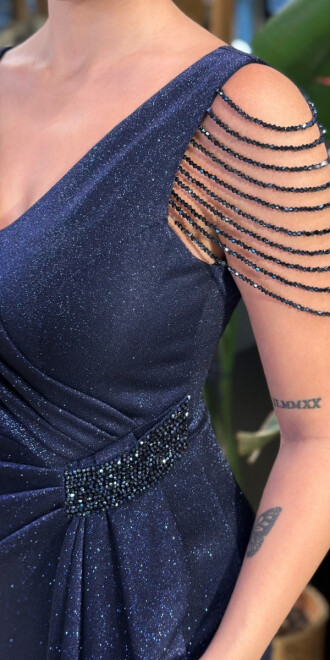 Lacivert V Yaka Kalın Askı Boncuk İşlemeli Anvelop Yırtmaçlı Düz Kesim Simli Uzun Abiye Elbise 7599 - 3