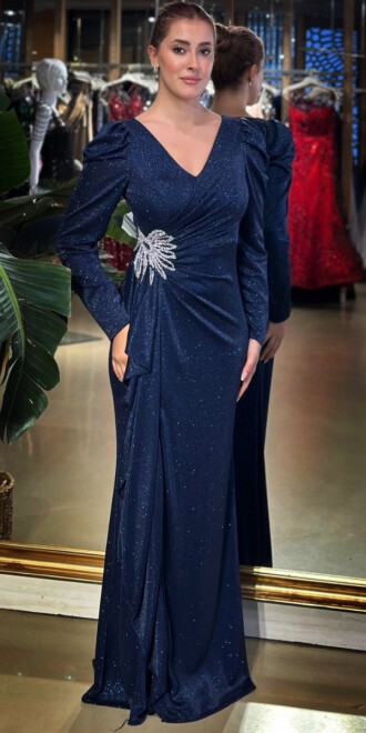 Lacivert V Yaka Uzun Kollu Taş Detaylı Anvelop Yırtmaçlı Düz Kesim Simli Uzun Abiye Elbise 7616 - abiyeniall