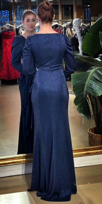 Lacivert V Yaka Uzun Kollu Taş Detaylı Anvelop Yırtmaçlı Düz Kesim Simli Uzun Abiye Elbise 7616 - 4