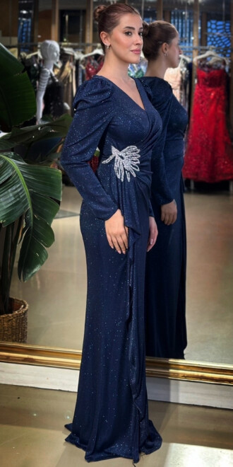 Lacivert V Yaka Uzun Kollu Taş Detaylı Anvelop Yırtmaçlı Düz Kesim Simli Uzun Abiye Elbise 7616 - 2