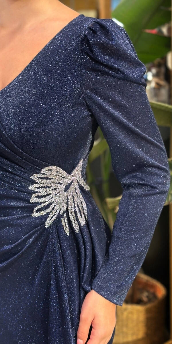 Lacivert V Yaka Uzun Kollu Taş Detaylı Anvelop Yırtmaçlı Düz Kesim Simli Uzun Abiye Elbise 7616 - 3