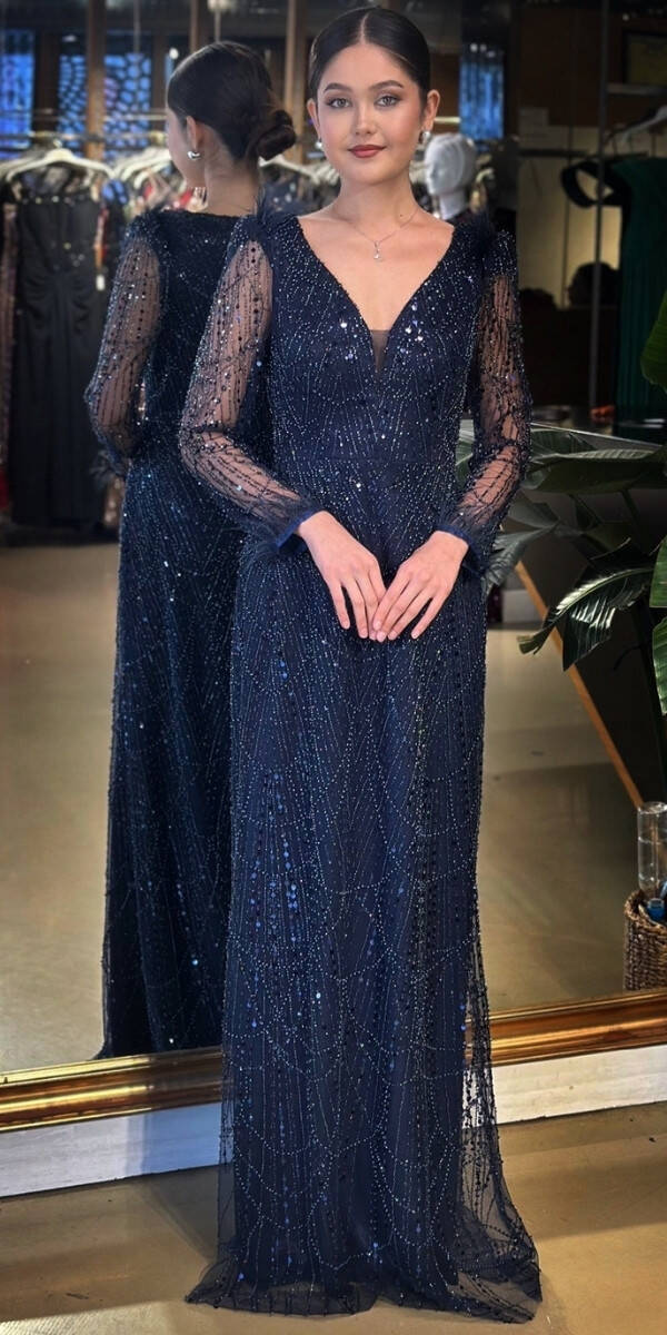 Lacivert V Yaka Uzun Kollu Tuy Detaylı Düz Kesim Pullu Boncuklu Uzun Abiye Elbise 11114-02 - 1