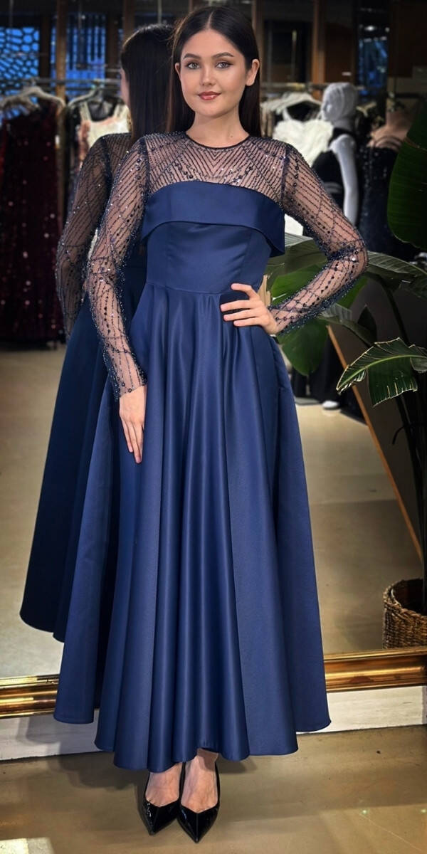 Lacivert Yuvarlak Yaka Uzun Kollu Kloş Etekli Saten Midi Abiye Elbise 11139-02 - 1