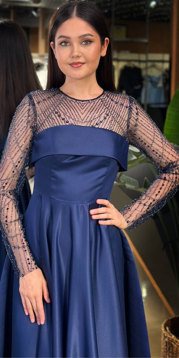 Lacivert Yuvarlak Yaka Uzun Kollu Kloş Etekli Saten Midi Abiye Elbise 11139-02 - 3