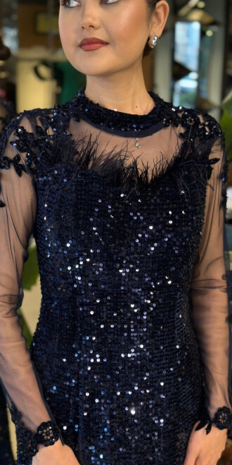 Lacivert Yuvarlak Yaka Uzun Kollu Tuy Detaylı Balık Etekli Pul Payet Uzun Abiye Elbise 11133-03 - 4