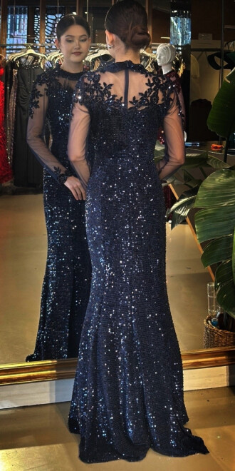 Lacivert Yuvarlak Yaka Uzun Kollu Tuy Detaylı Balık Etekli Pul Payet Uzun Abiye Elbise 11133-03 - 5