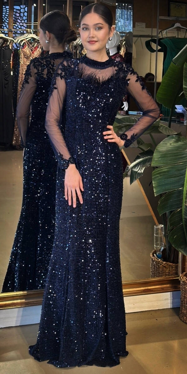 Lacivert Yuvarlak Yaka Uzun Kollu Tuy Detaylı Balık Etekli Pul Payet Uzun Abiye Elbise 11133-03 - 1