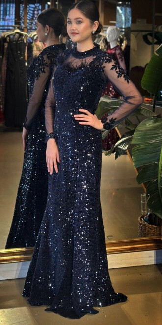 Lacivert Yuvarlak Yaka Uzun Kollu Tuy Detaylı Balık Etekli Pul Payet Uzun Abiye Elbise 11133-03 - 2