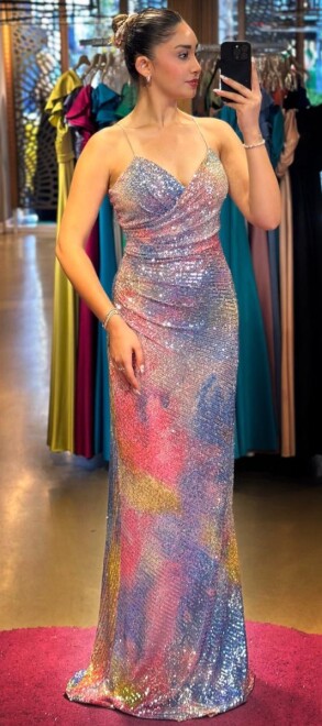 Lavanta İp Askılı Sırt Dekolteli Düz Kesim Desenli Uzun Abiye Elbise 7581 - abiyeniall