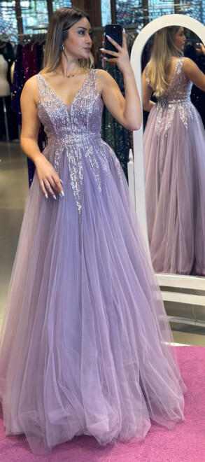 Lavanta Kalın Askı Kloş Etekli Tül Uzun Abiye Elbise 6871 - abiyeniall