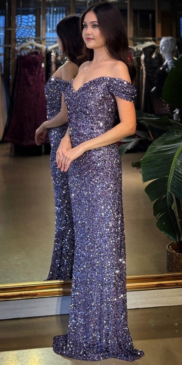 Lavanta Madonna Yaka Düz Kesim Likralı Payet Uzun Abiye Elbise 11085-06 - 2