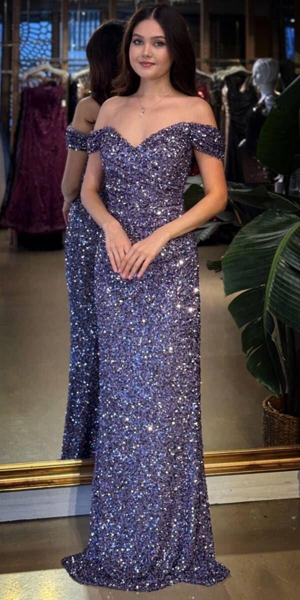 Lavanta Madonna Yaka Düz Kesim Likralı Payet Uzun Abiye Elbise 11085-06 - 1