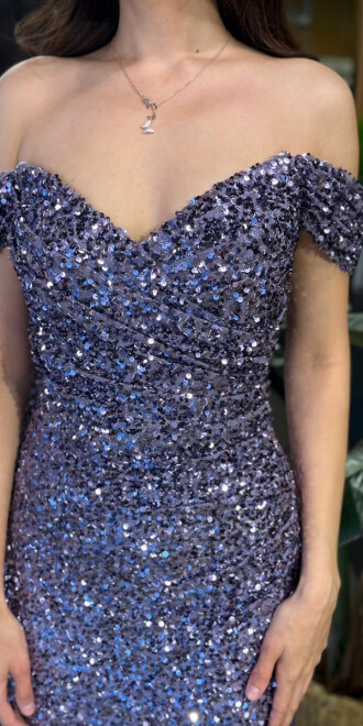 Lavanta Madonna Yaka Düz Kesim Likralı Payet Uzun Abiye Elbise 11085-06 - 4