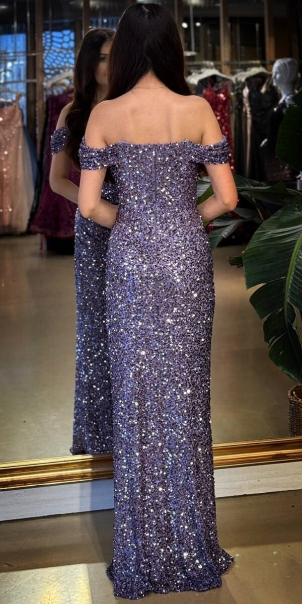 Lavanta Madonna Yaka Düz Kesim Likralı Payet Uzun Abiye Elbise 11085-06 - 5