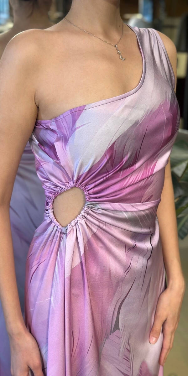 Lavanta Tek Kollu Bel Dekolteli Kloş Etekli Saten Uzun Abiye Elbise 11077-01 - 4