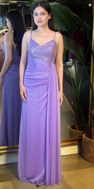 Lila İp Askılı Düz Kesim Simli Uzun Abiye Elbise 7767 - abiyeniall