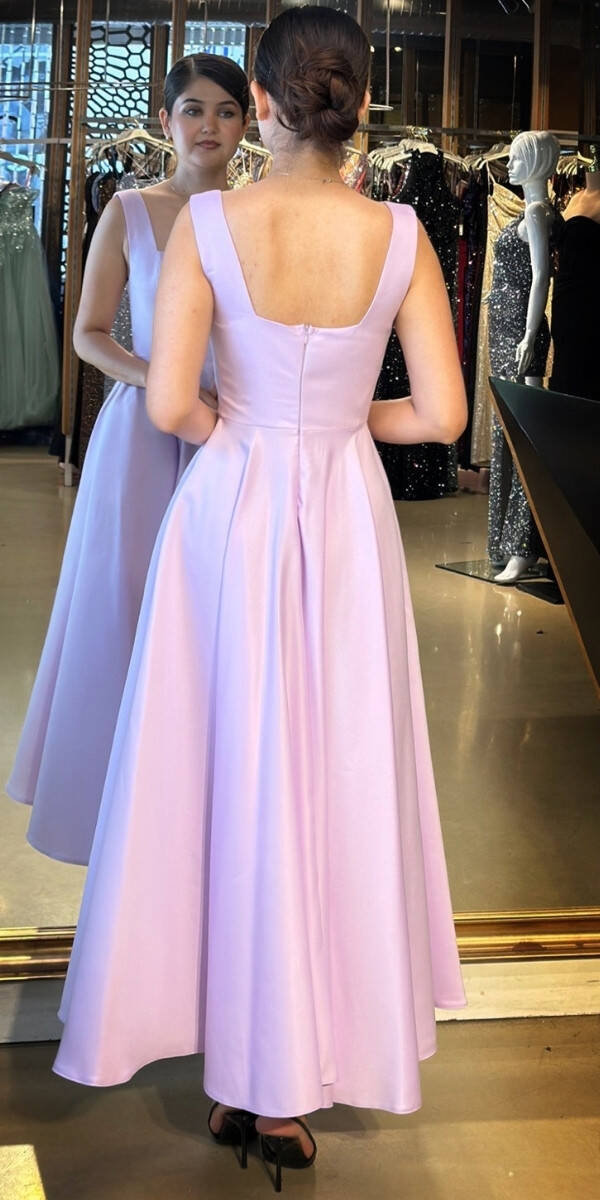 Lila Kalın Askı Kloş Etekli Saten Midi Abiye Elbise 7631 - 5
