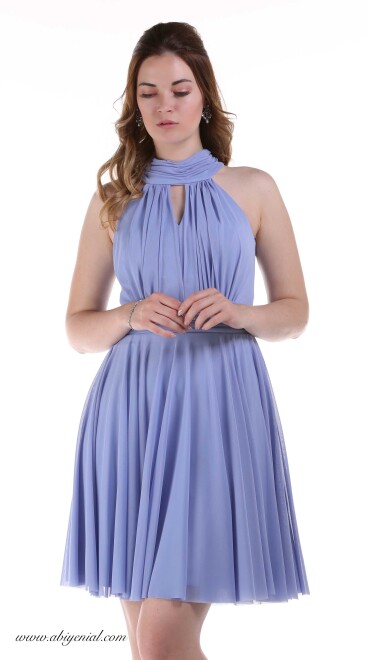 Lila Sırt Dekolteli Kloş Etekli Tül Kısa Abiye Elbise 6050 - abiyeniall