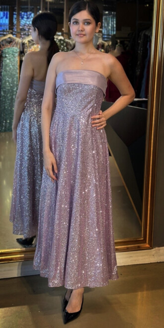 Lila Straplez Yaka Kloş Etekli Simli Midi Abiye Elbise 7776 - abiyeniall